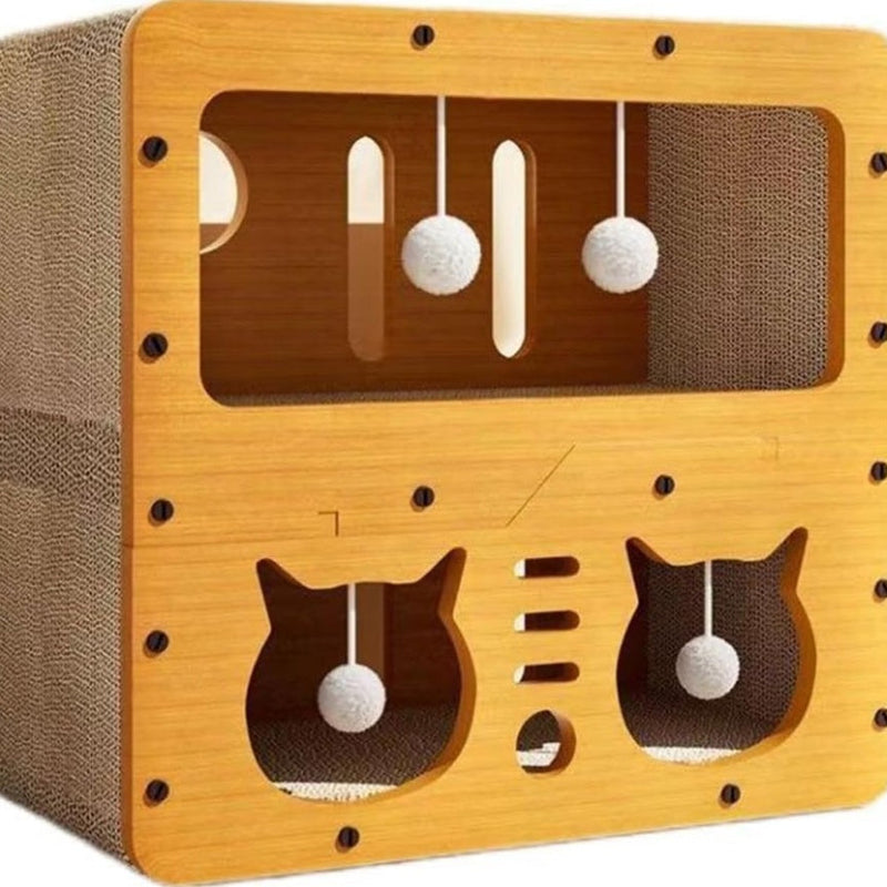 HKM-8727101 Wooden Cat House with Cardboard Construction for Cozy Cat Retreat