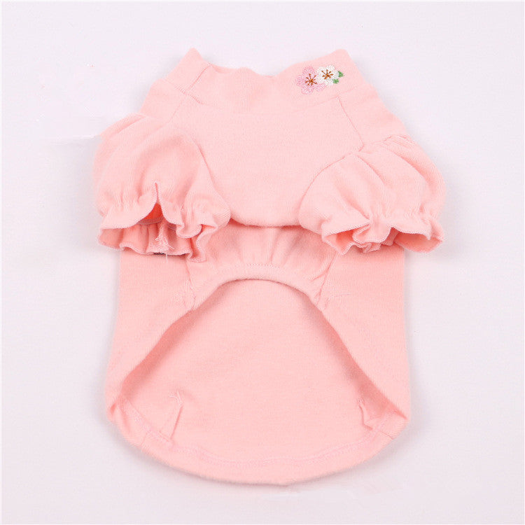 HKM-8727613 Cotton Puff Sleeve Dog Clothing with Cute Flower Embroidery - Available in Multiple Sizes