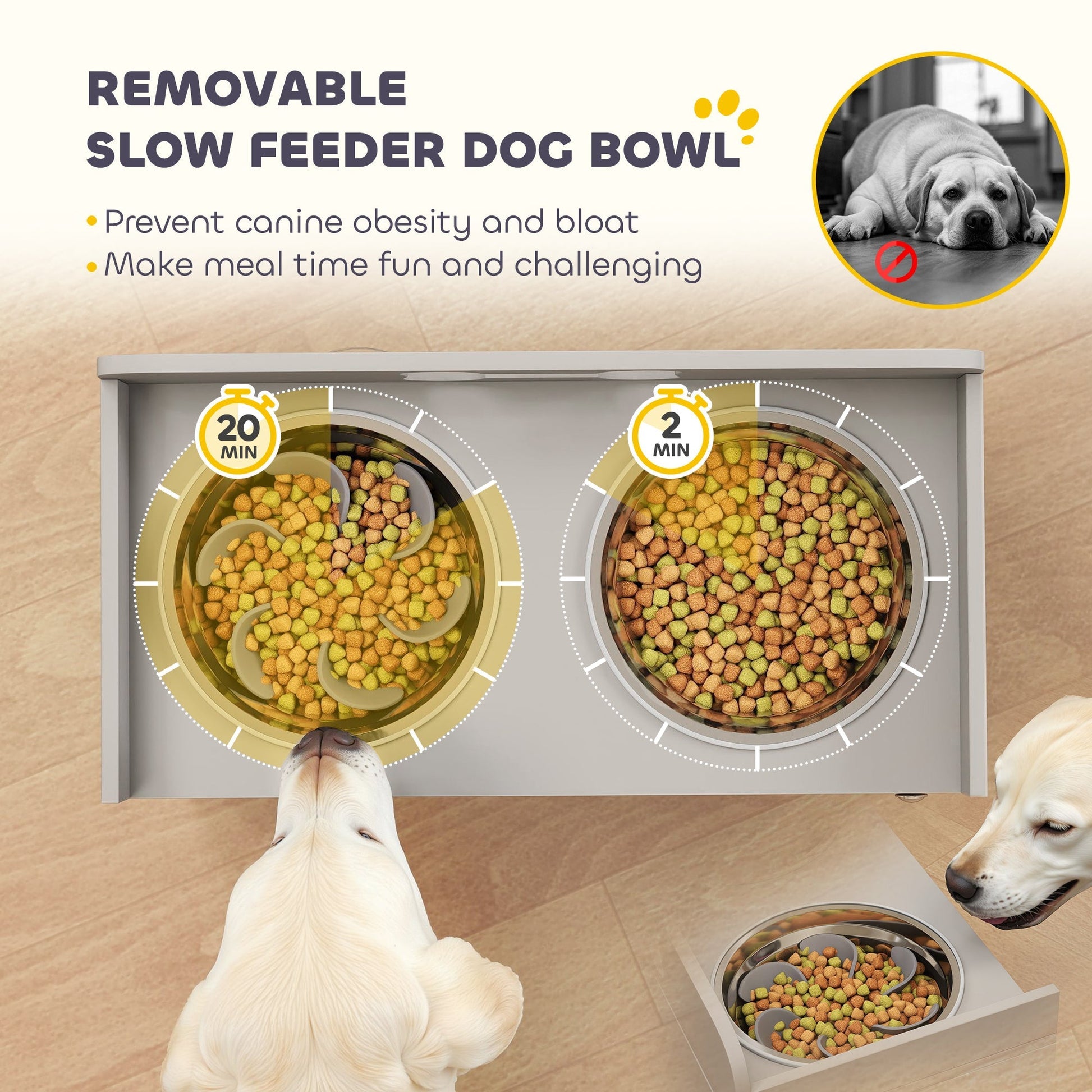 HKM-8729021 Elevated Dog Bowl Stand with Storage and Stainless Steel Bowls for Large Dogs - Gray