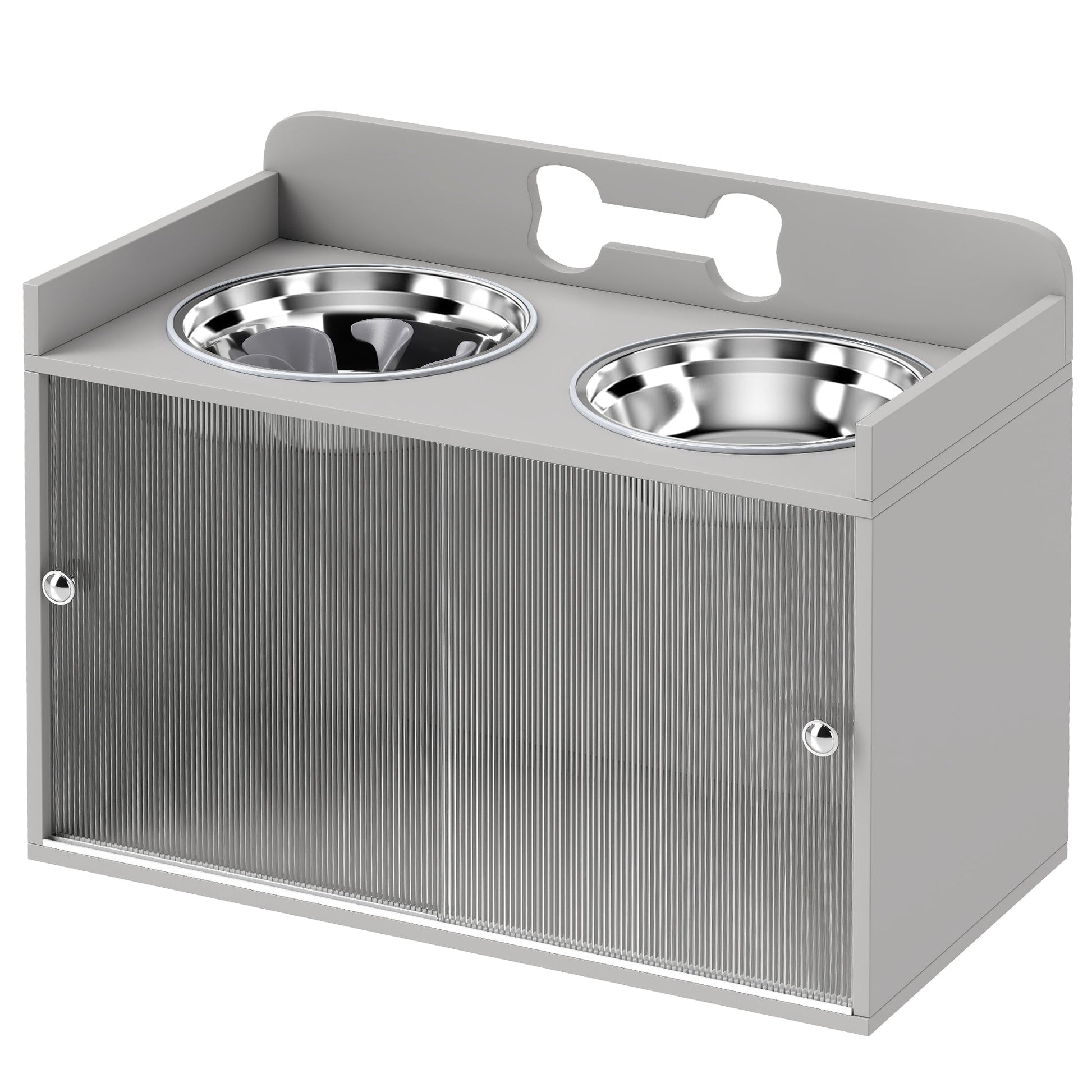 HKM-8729021 Elevated Dog Bowl Stand with Storage and Stainless Steel Bowls for Large Dogs - Gray