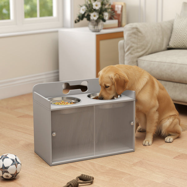 HKM-8729021 Elevated Dog Bowl Stand with Storage and Stainless Steel Bowls for Large Dogs - Gray