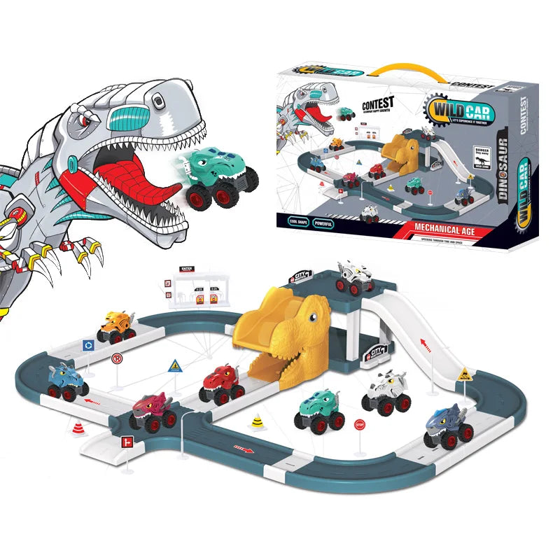 HKM-872979 Kids Mechanical Dinosaur Parking Lot Track with 2 Free-Wheel Cars - Educational DIY Railway Toy for Ages 2-7