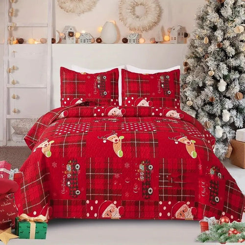 HKM-872979 Luxury Peach Skin Fabric Christmas Bed Three-Piece Set - Modern Design in Wine Red, Multiple Sizes Available