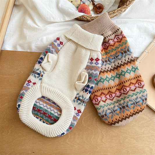 HKM-8730813 Retro Striped Beige Pet Sweater for Autumn and Winter - Unisex Design, Acrylic Material, Sizes XS to XL