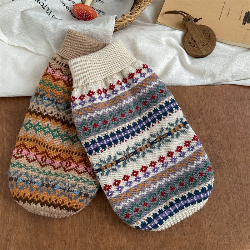 HKM-8730813 Retro Striped Beige Pet Sweater for Autumn and Winter - Unisex Design, Acrylic Material, Sizes XS to XL