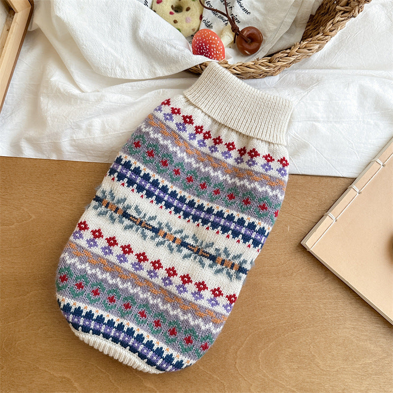 HKM-8730813 Retro Striped Beige Pet Sweater for Autumn and Winter - Unisex Design, Acrylic Material, Sizes XS to XL