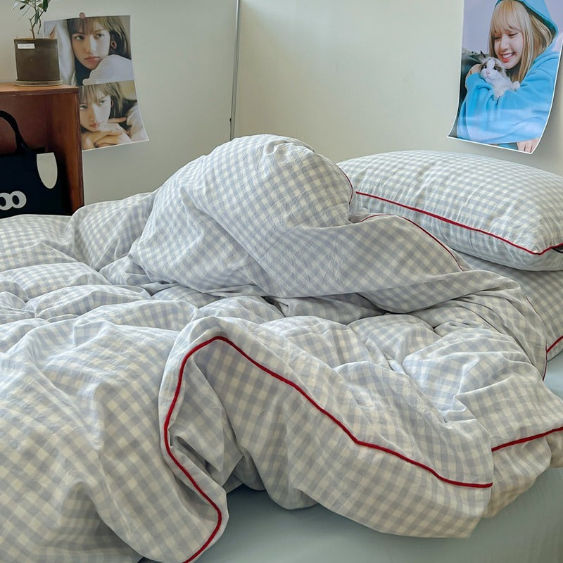HKM-873491 Small Plaid Pure Cotton Four-Piece Bedding Set with Quilt Cover and Fitted Sheets in Multiple Sizes