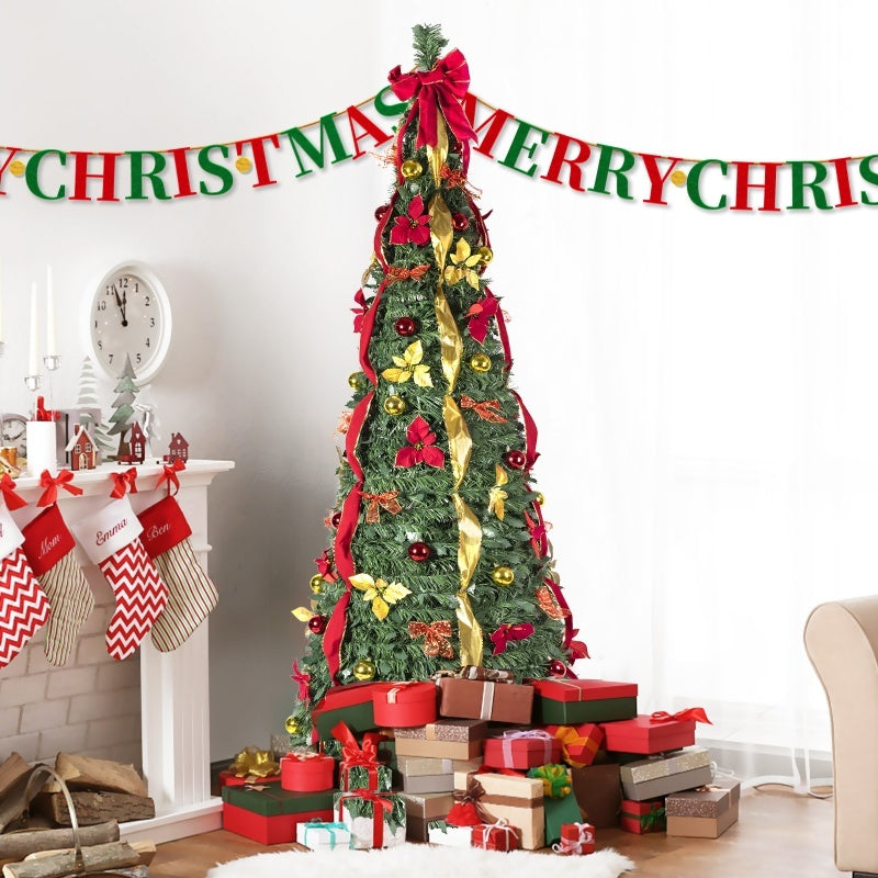 HKM-873619 Prelit Pop-Up Christmas Tree with Warm LED Lights, Gold and Red Ornaments for Easy Holiday Decor