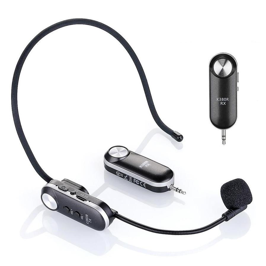 HKM-873683 UHF Wireless Headset Microphone System with 3.5mm and 6.5mm Adapters, Compact Design, 30m Range, USB Rechargeable Battery