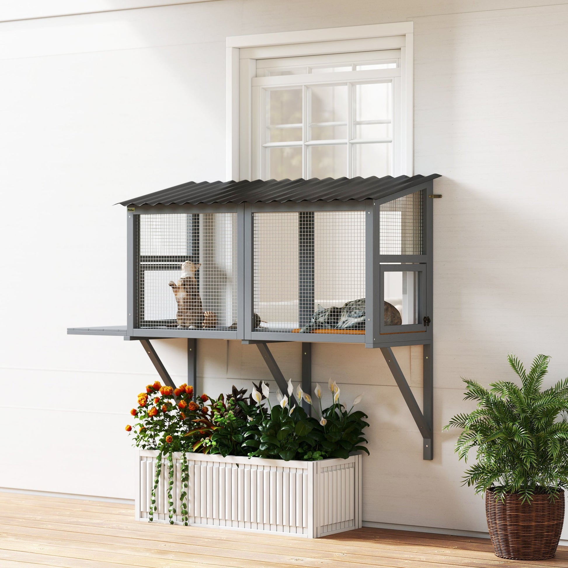 HKM-8742205 Gray Wooden Cat Catio with Jumping Platform for Outdoor Enjoyment and Secure Viewing