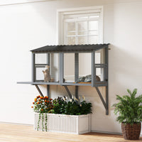 HKM-8742205 Gray Wooden Cat Catio with Jumping Platform for Outdoor Enjoyment and Secure Viewing