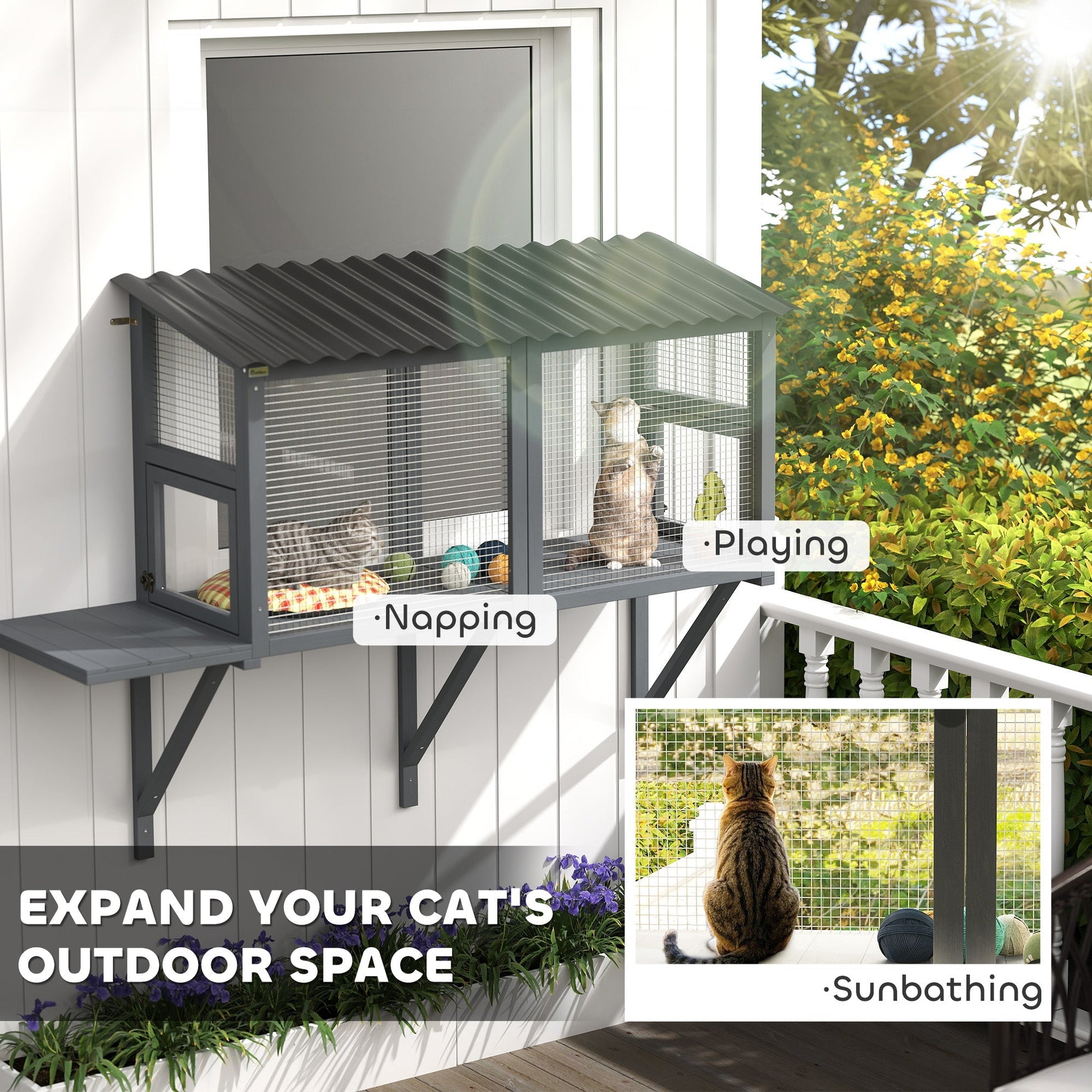 HKM-8742205 Gray Wooden Cat Catio with Jumping Platform for Outdoor Enjoyment and Secure Viewing