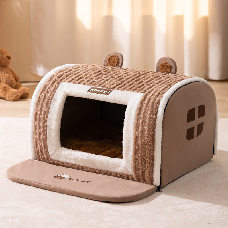 HKM-8742589 Cozy Three-Dimensional Bear Arc Pet Bed for Small Dogs in Lomi Brown and Jass Gray