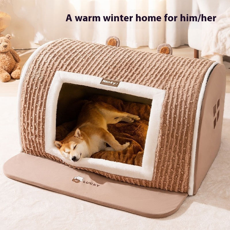 HKM-8742589 Cozy Three-Dimensional Bear Arc Pet Bed for Small Dogs in Lomi Brown and Jass Gray