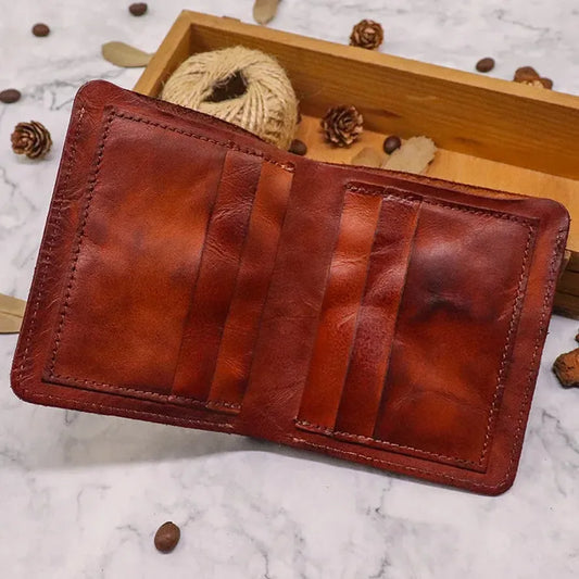 HKM-874387 Top Layer Cowhide Leather Wallet with Multiple Card Slots - Retro Vegetable Tanned Mini Wallet