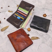 HKM-874387 Top Layer Cowhide Leather Wallet with Multiple Card Slots - Retro Vegetable Tanned Mini Wallet