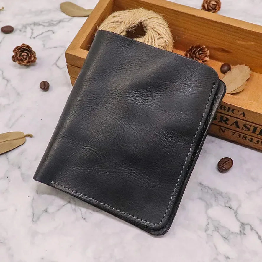 HKM-874387 Top Layer Cowhide Leather Wallet with Multiple Card Slots - Retro Vegetable Tanned Mini Wallet
