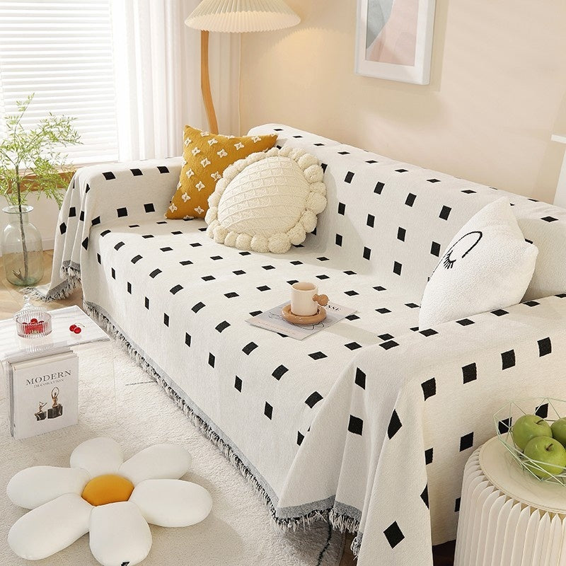 HKM-874387 Waterproof Chenille Sofa Towel in Checkered Pattern - Yellow, Gray, Bean Green, and Black Squares