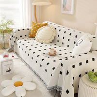 HKM-874387 Waterproof Chenille Sofa Towel in Checkered Pattern - Yellow, Gray, Bean Green, and Black Squares