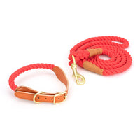 HKM-8744125 Cotton Rope and Leather Dog Leash with Collar - Adjustable Sizes S to XL