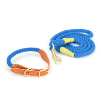 HKM-8744125 Cotton Rope and Leather Dog Leash with Collar - Adjustable Sizes S to XL