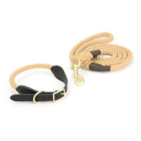 HKM-8744125 Cotton Rope and Leather Dog Leash with Collar - Adjustable Sizes S to XL