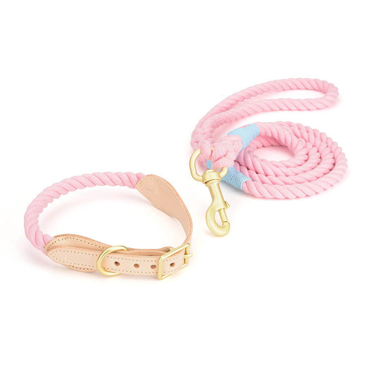 HKM-8744125 Cotton Rope and Leather Dog Leash with Collar - Adjustable Sizes S to XL