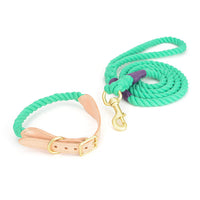 HKM-8744125 Cotton Rope and Leather Dog Leash with Collar - Adjustable Sizes S to XL