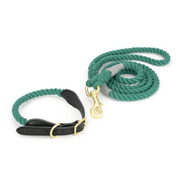 HKM-8744125 Cotton Rope and Leather Dog Leash with Collar - Adjustable Sizes S to XL