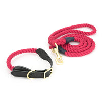 HKM-8744125 Cotton Rope and Leather Dog Leash with Collar - Adjustable Sizes S to XL