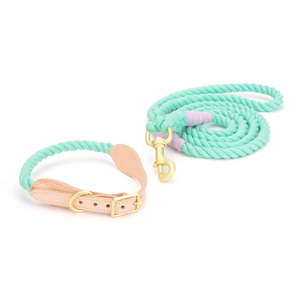 HKM-8744125 Cotton Rope and Leather Dog Leash with Collar - Adjustable Sizes S to XL