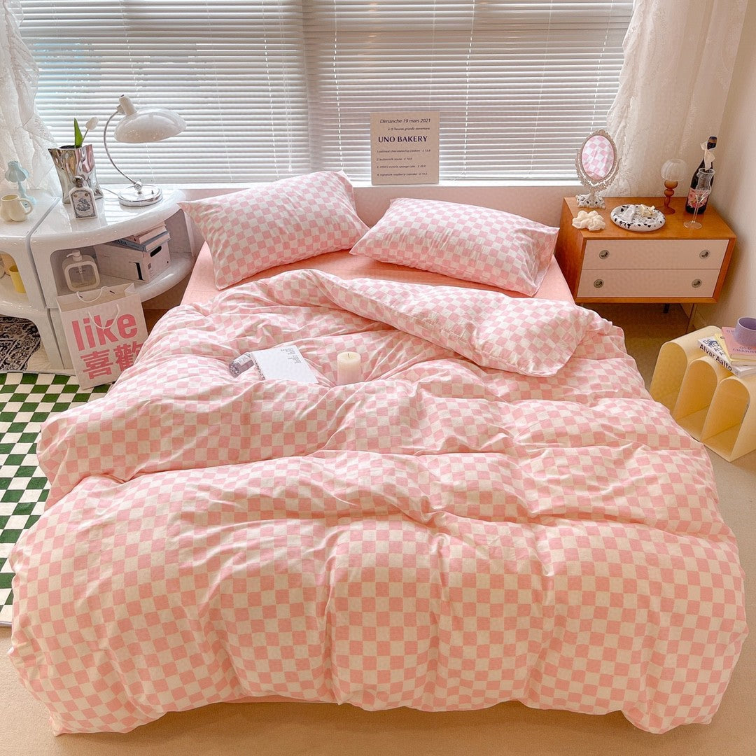 HKM-874643 Cotton Checkerboard Bed Set - 4-Piece Bedding in Blue, Pink, Yellow, Black & White Geometric Design