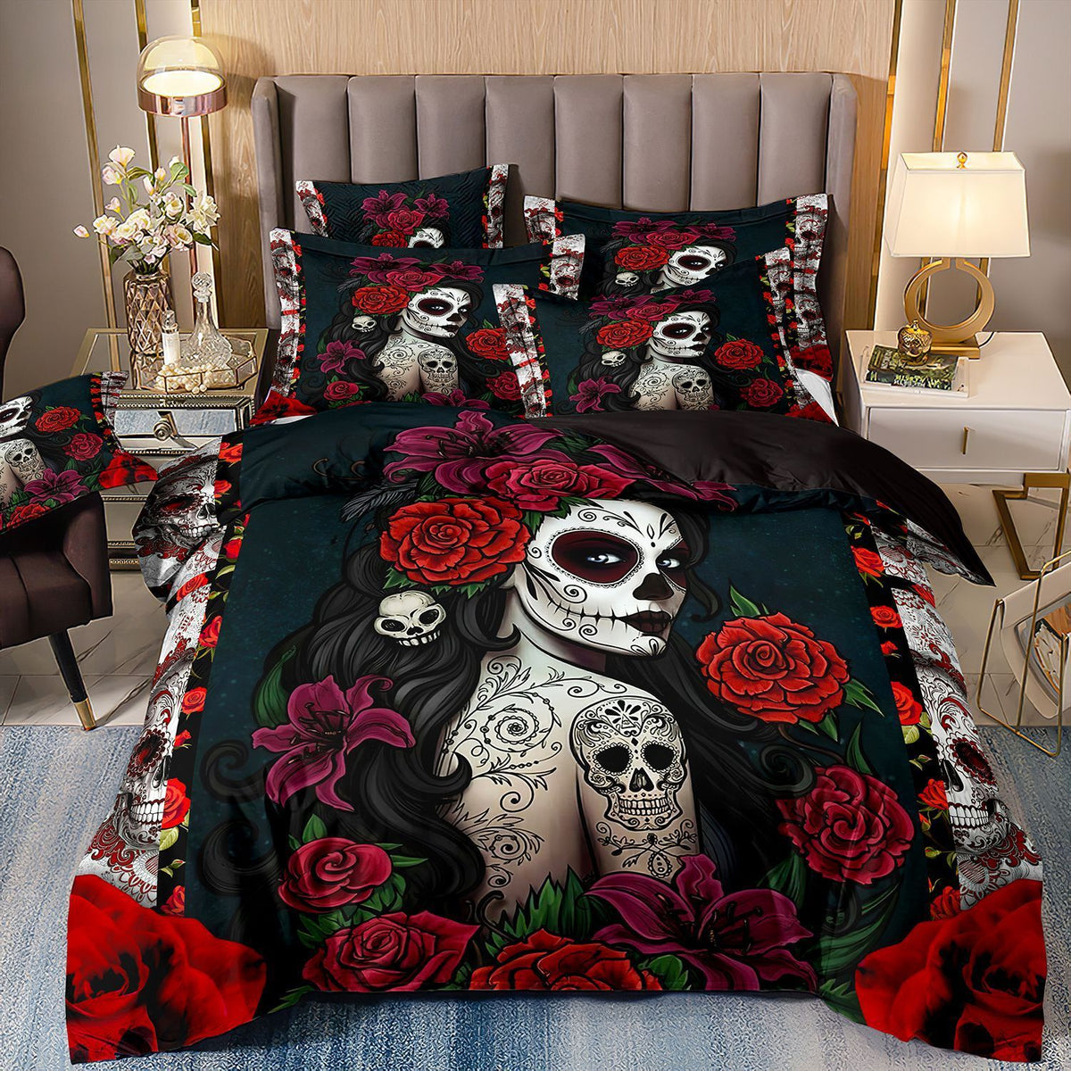 HKM-874643 Skull Beauty Printed Quilt Cover and Bed Sheet 3-Piece Set for AU, US, and EU Sizes