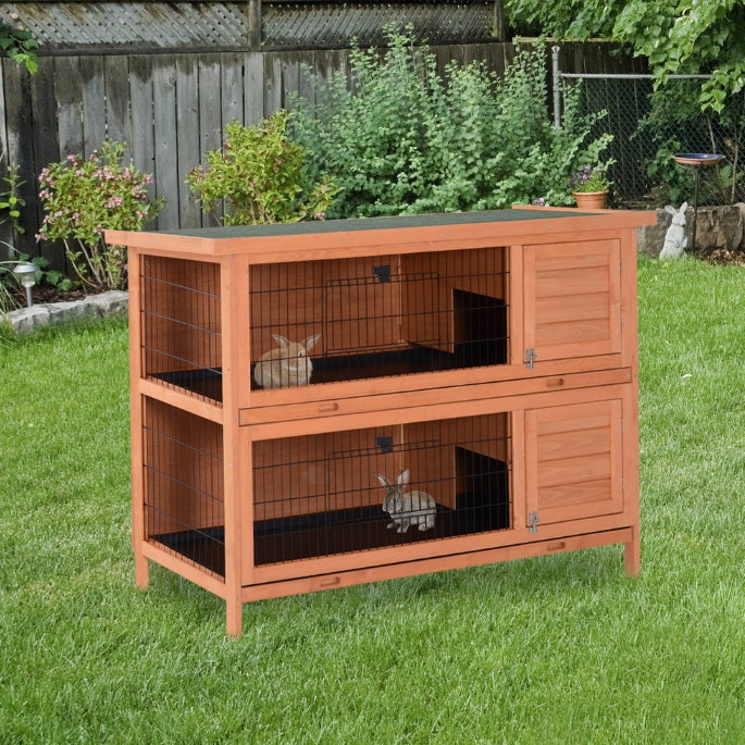 HKM-8747965 2-Tier Outdoor Rabbit Hutch with Removable Dividers and Pull-Out Trays, Orange