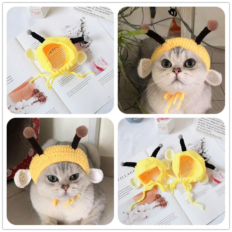 HKM-8749117 Bee-Themed Knitted Hat for Pets - Adjustable Cotton Headgear for Dogs and Cats