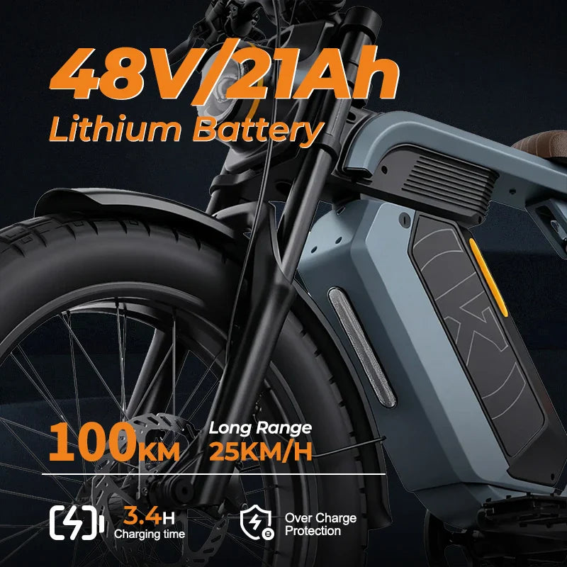 HKM-875027 48V 1000W Electric Hybrid Fat Tire Bike - HEZZO K5 with 21Ah Lithium Battery, 7-Speed, 20" Wheels, Front & Rear Suspension
