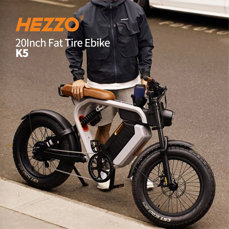 HKM-875027 48V 1000W Electric Hybrid Fat Tire Bike - HEZZO K5 with 21Ah Lithium Battery, 7-Speed, 20" Wheels, Front & Rear Suspension