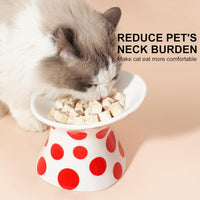HKM-8751549 Extra Wide Elevated Ceramic Cat Food Bowl - Tilted Design for Comfort, Red Polka Dot, Dishwasher & Microwave Safe