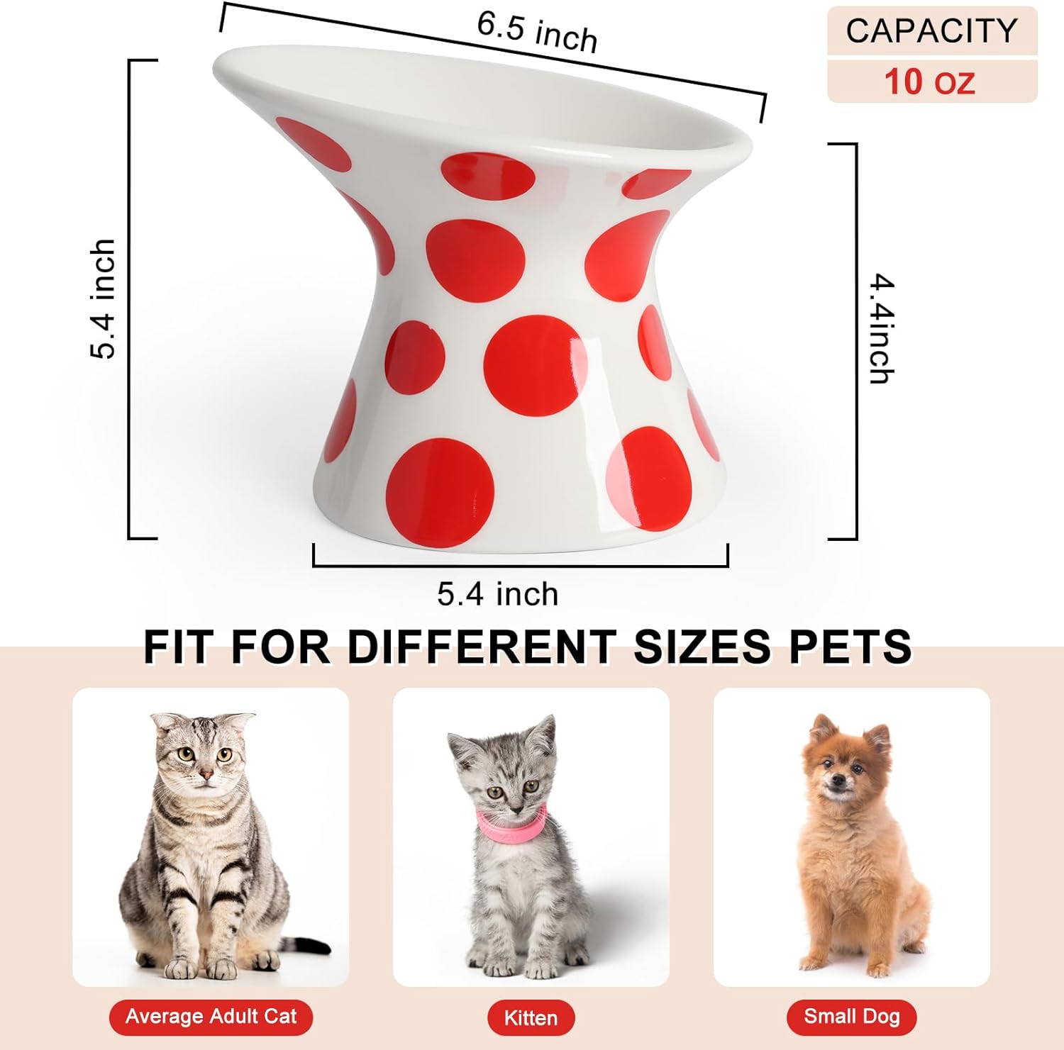 HKM-8751549 Extra Wide Elevated Ceramic Cat Food Bowl - Tilted Design for Comfort, Red Polka Dot, Dishwasher & Microwave Safe