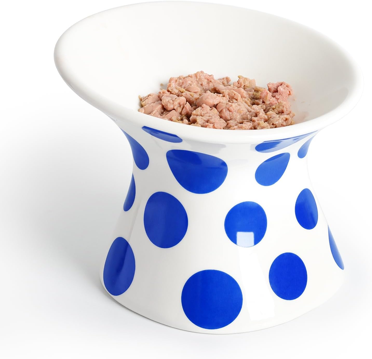 HKM-8751549 Extra Wide Elevated Ceramic Cat Food Bowl - Tilted Design for Comfort, Red Polka Dot, Dishwasher & Microwave Safe