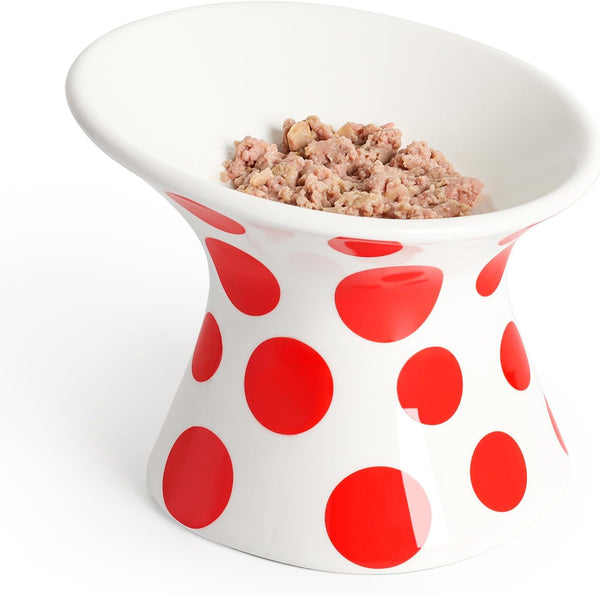 HKM-8751549 Extra Wide Elevated Ceramic Cat Food Bowl - Tilted Design for Comfort, Red Polka Dot, Dishwasher & Microwave Safe