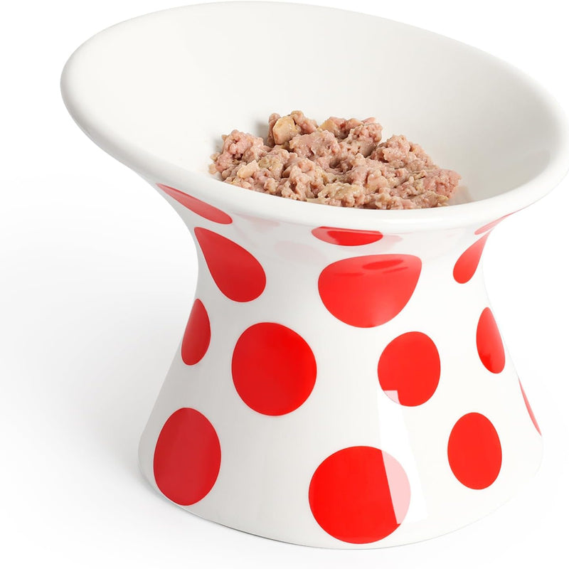 HKM-8751549 Extra Wide Elevated Ceramic Cat Food Bowl - Tilted Design for Comfort, Red Polka Dot, Dishwasher & Microwave Safe