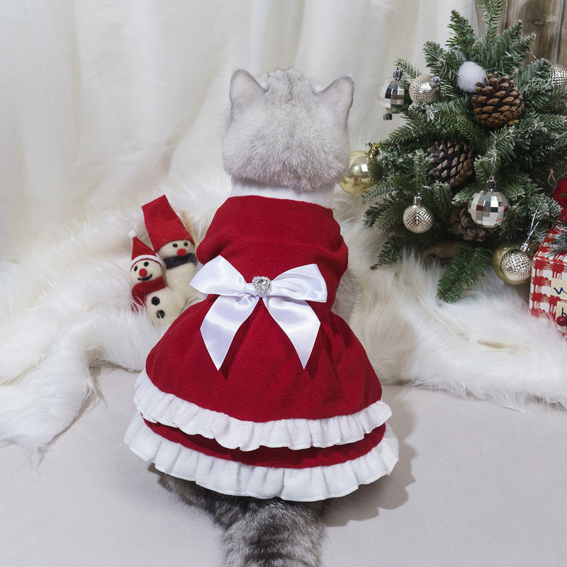 HKM-8751677 Red Fleece Pet Christmas Bow Dress for Small to Extra Large Sizes