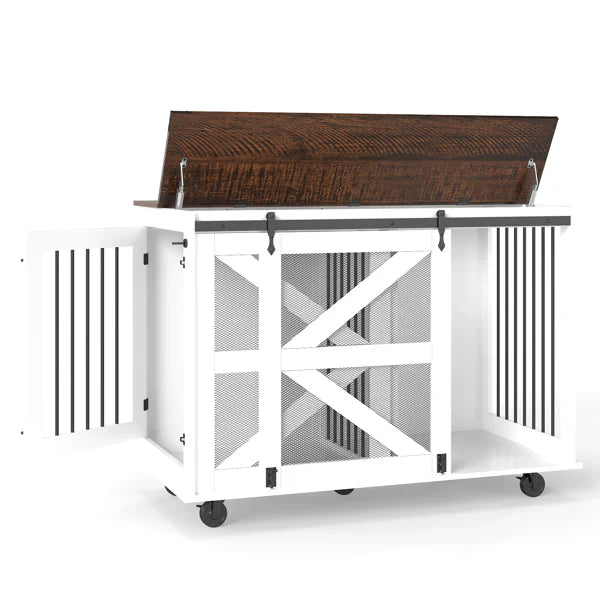 HKM-8753725 Dual-Access Mobile Dog Crate with Flip-Top Feeding Door and Caster System for Convenient Pet Care
