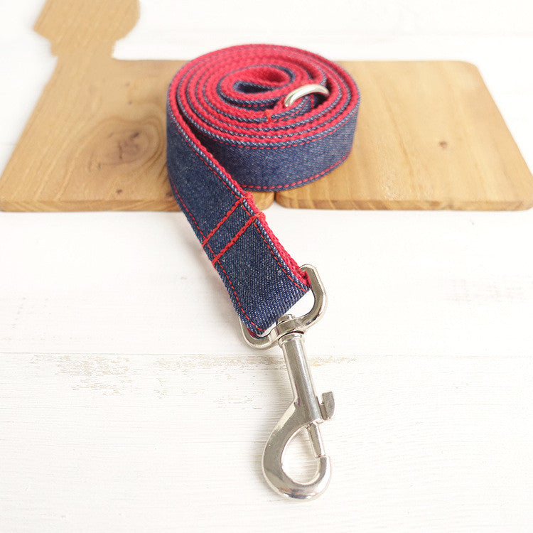 HKM-8753853 Scalable Denim Blue Pet Dog Leash, Durable Polyester Traction Belt in Red Denim