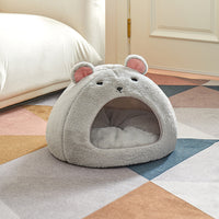 HKM-8754109 Comfortable Soft Fluffy Cat and Dog House Mat - Funny Mouse and Cat Design, Cotton Fabric, Light Gray