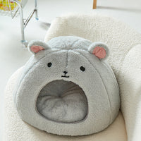 HKM-8754109 Comfortable Soft Fluffy Cat and Dog House Mat - Funny Mouse and Cat Design, Cotton Fabric, Light Gray