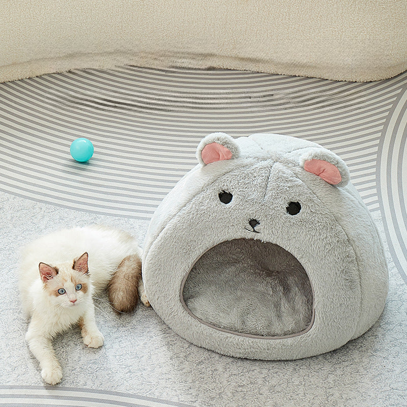 HKM-8754109 Comfortable Soft Fluffy Cat and Dog House Mat - Funny Mouse and Cat Design, Cotton Fabric, Light Gray