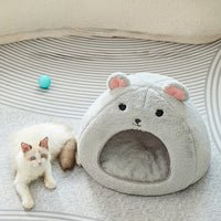 HKM-8754109 Comfortable Soft Fluffy Cat and Dog House Mat - Funny Mouse and Cat Design, Cotton Fabric, Light Gray
