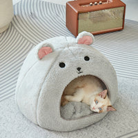 HKM-8754109 Comfortable Soft Fluffy Cat and Dog House Mat - Funny Mouse and Cat Design, Cotton Fabric, Light Gray